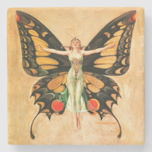 Posavasos De Piedra Ilustración de Mujer Volando Mariposa Flapper
