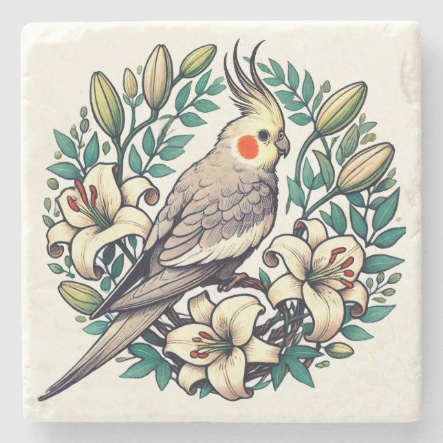 Posavasos De Piedra Ilustracion de pájaro Cockatiel (Anverso)