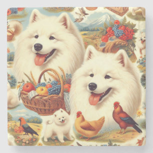 Posavasos De Piedra Ilustracion de perro Samoyed de época