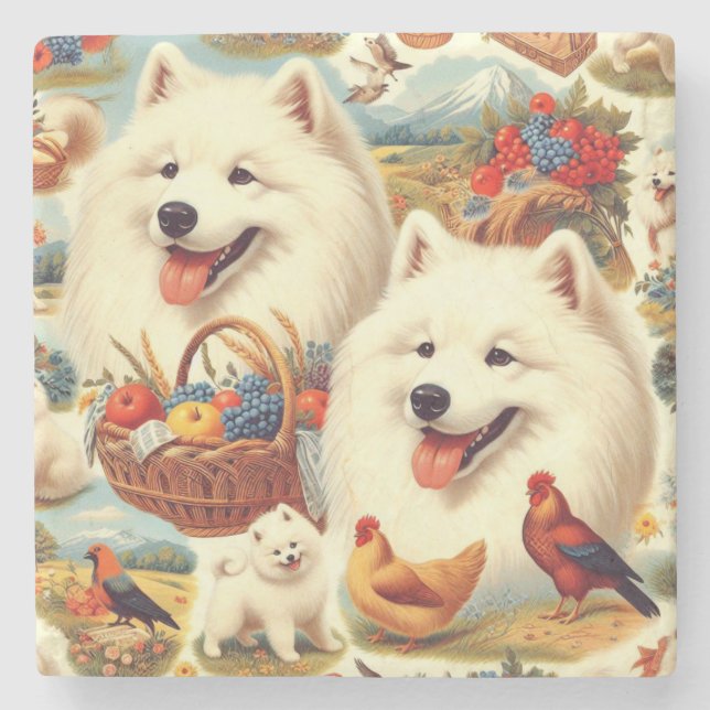 Posavasos De Piedra Ilustracion de perro Samoyed de época (Anverso)