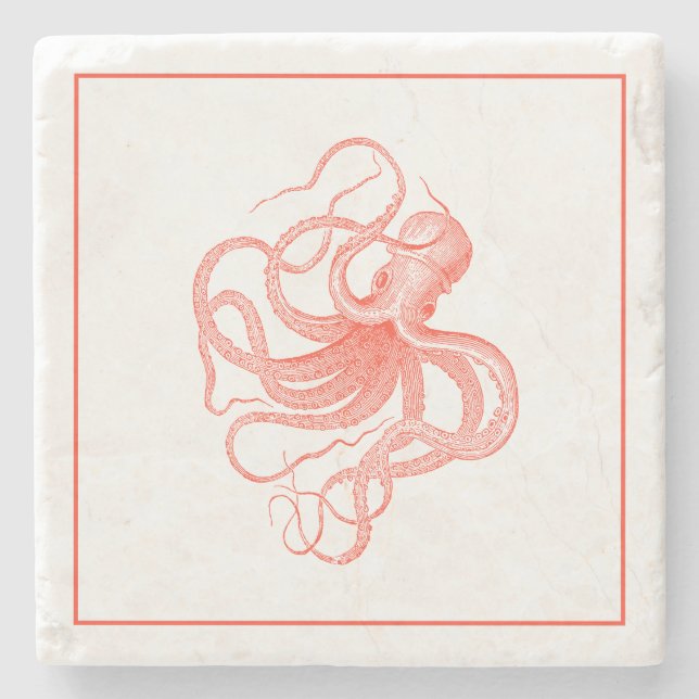 Posavasos De Piedra Ilustracion de pulpo naranja (Anverso)