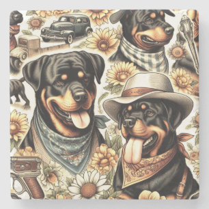 Posavasos De Piedra Ilustracion de Rottweiler sin costura