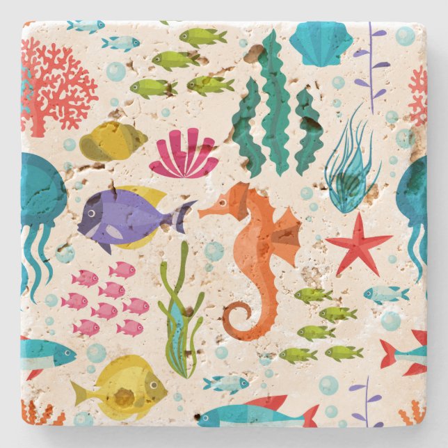 Posavasos De Piedra Ilustracion de vida tropical colorido (Anverso)