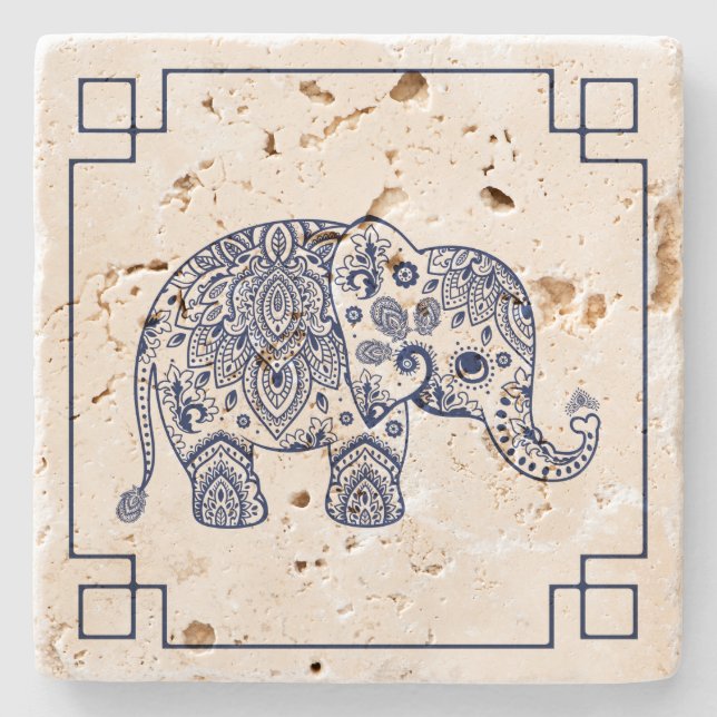 Posavasos De Piedra Ilustracion Elefante Paisley Azul (Anverso)