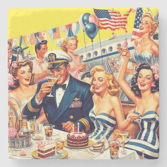 Posavasos De Piedra Ilustracion Fiesta de la época de los años 50 (Anverso)