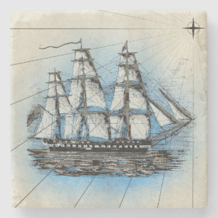 Posavasos De Piedra Ilustracion marítimo de la nave alta del vintage