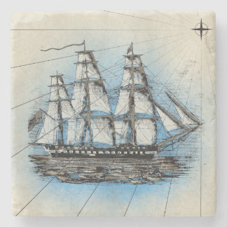 Posavasos De Piedra Ilustracion marítimo de la nave alta del vintage