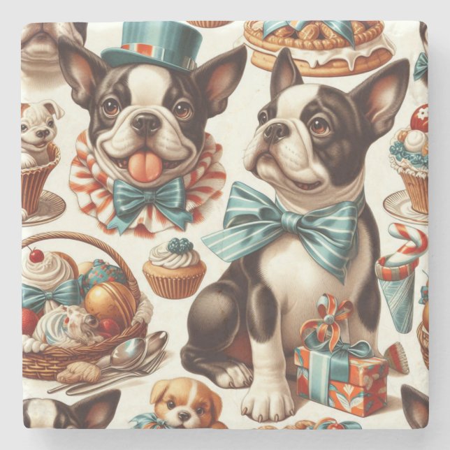Posavasos De Piedra Ilustracion Retro Cute Boston Terrier (Anverso)