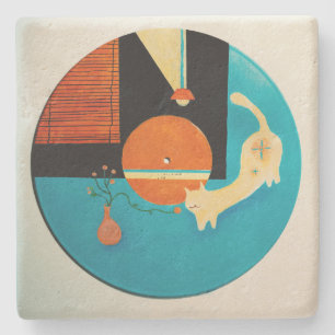 Posavasos De Piedra Ilustración Retro de Gato Estirándose en Disco