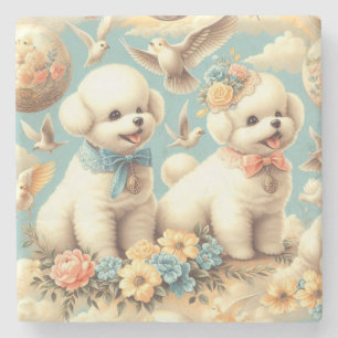 Posavasos De Piedra Ilustracion Vintage Cute Bichon Frisé