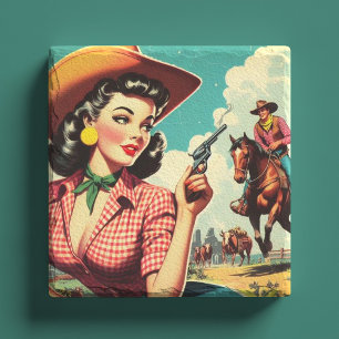 Posavasos De Piedra Ilustracion Vintage Pulp Cowgirl