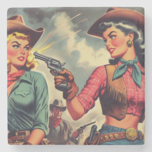 Posavasos De Piedra Ilustracion Vintage Pulp Cowgirls