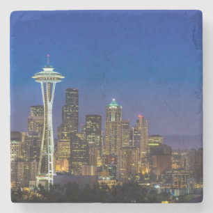 Posavasos De Piedra Imagen del horizonte de Seattle en horas de mañan