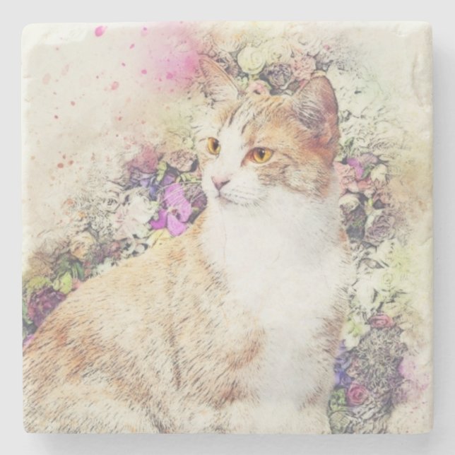 Posavasos De Piedra Impresión de gato pintado (Anverso)