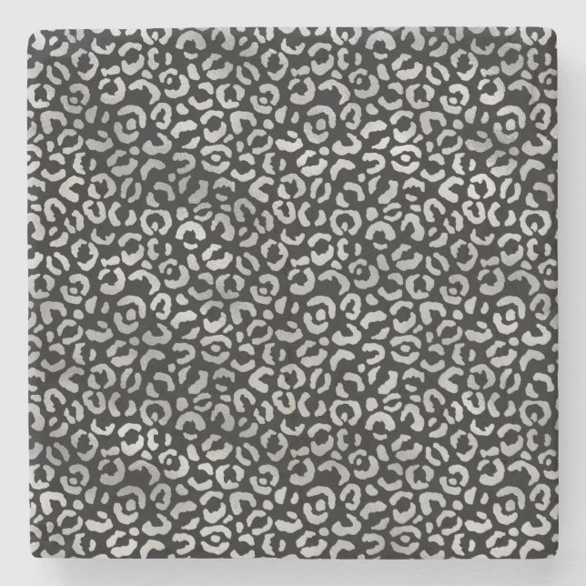 Posavasos De Piedra Impresión de Leopardo Negro de Glam Plateado (Anverso)