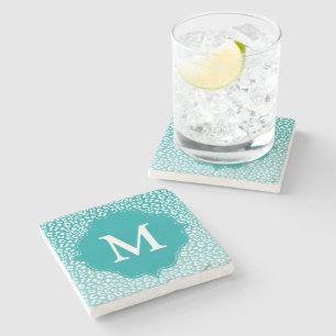 Posavasos De Piedra Impresión de leopardo turquesa monograma