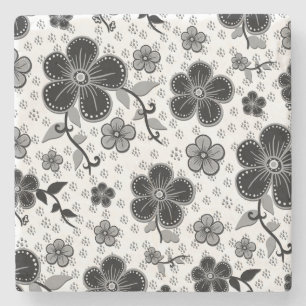 Posavasos De Piedra Impresión floral en blanco y negro