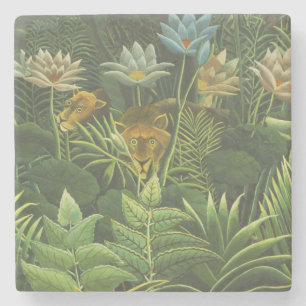 Posavasos De Piedra Impresión vintage de león en jungla tropical de He