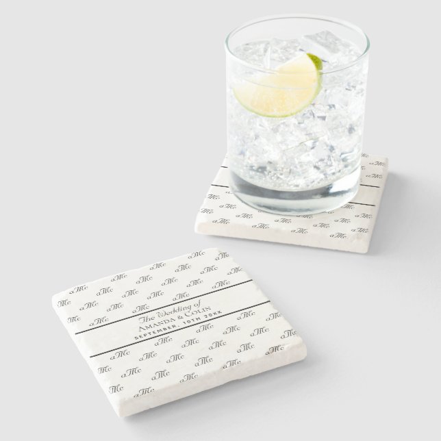 Posavasos De Piedra Inicial de monograma blanco negro para anuncio de  (Lateral)