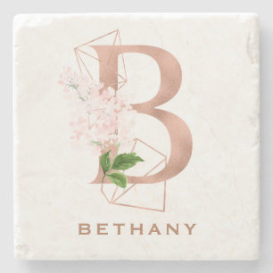 Posavasos De Piedra Inicial floral de oro rosa monogramada personaliza