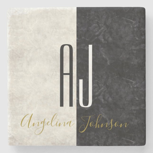 Posavasos De Piedra Iniciales de mármol blanco y negro monogramadas (Anverso)
