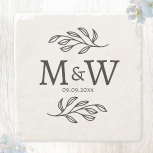 Posavasos De Piedra Iniciales de monograma de pareja de boda Fecha Bot