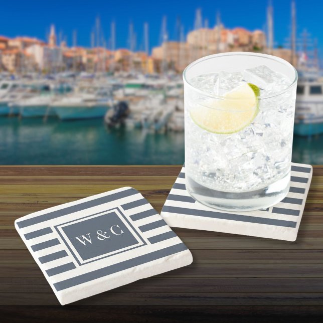 Posavasos De Piedra Iniciales de Monograma Elegantes Azul Marino Blanc (Stylish Monogram Initials Navy Blue White Stripe Stone Coaster)