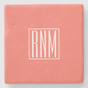 Posavasos De Piedra Iniciales Monograma   Blanco Sobre Coral