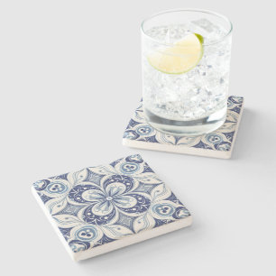 Posavasos De Piedra Inspiración Mediterránea Flor Geométrico Azul