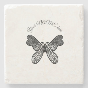 Posavasos De Piedra Intrincado Mandala Bohemio Mariposa Blanco y Negro