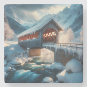 Posavasos De Piedra Invierno, puente cubierto de nieve y río