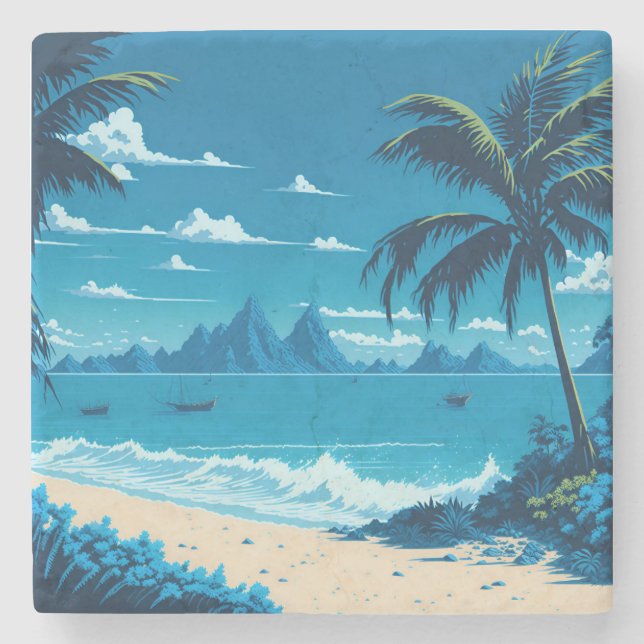 Posavasos De Piedra Isla Tropical Verano Blue Ocean Beach Vibes (Anverso)