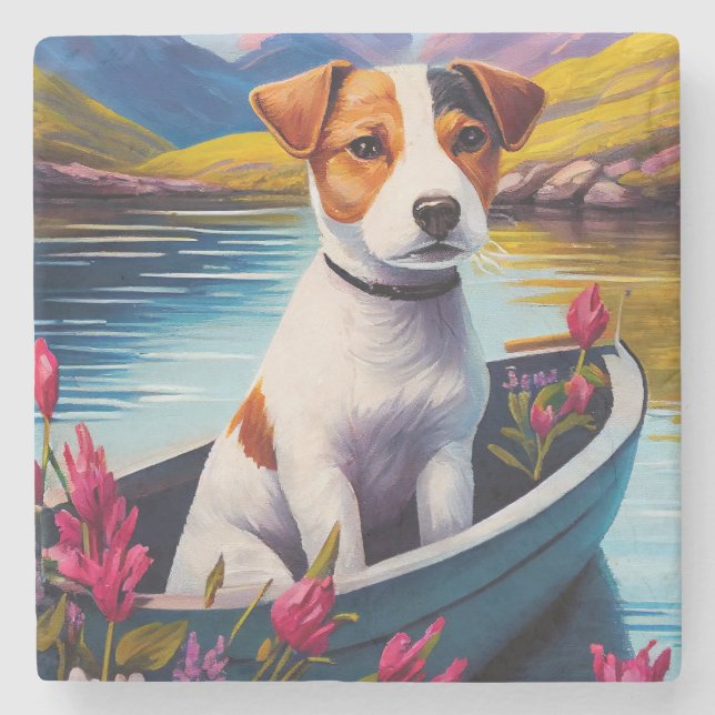 Posavasos De Piedra Jack Russell en un remo: Una aventura escénica (Anverso)