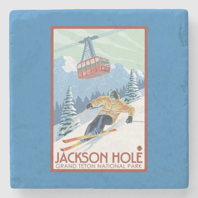 Posavasos De Piedra Jackson Hole, esquiador de Wyoming y tranvía (Anverso)