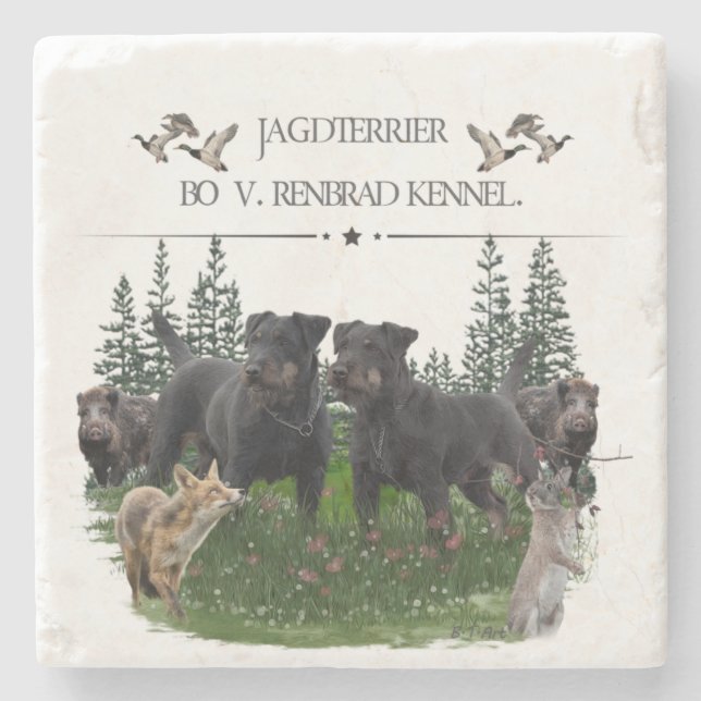 Posavasos De Piedra Jagdterrier Bo contra Renbrad Kennel. Piel portáti (Anverso)