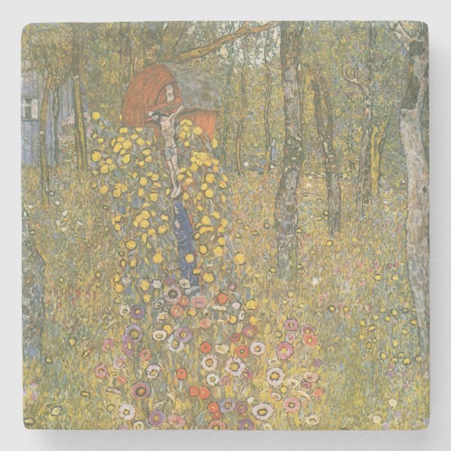 Posavasos De Piedra Jardín de granja con crucifijo (por Gustav Klimt) (Anverso)