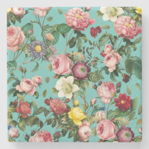 Posavasos De Piedra Jardín de rosa de época con fondo verde azulado
