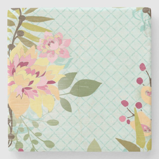 Posavasos De Piedra Jardín floral, fondo azul (Anverso)