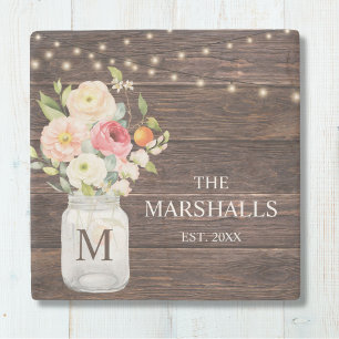 Posavasos De Piedra Jarra de Mason Floral con Apellido de Familia Mono