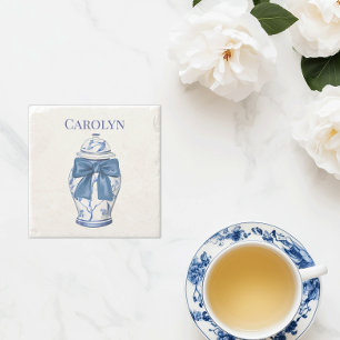 Posavasos De Piedra Jarrón de jengibre Chinoiserie con lazo azul 