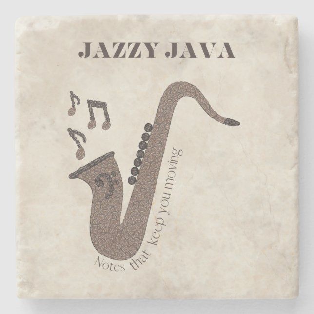 Posavasos De Piedra Jazzy Java-Grãos de Café-Saxofone- (Anverso)