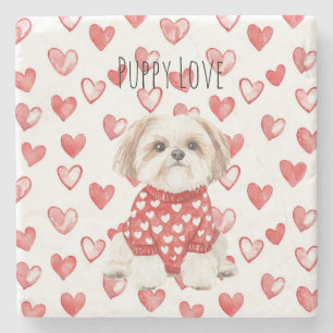 Posavasos De Piedra Jersey de corazones rojos para perro Shih Zhu blan