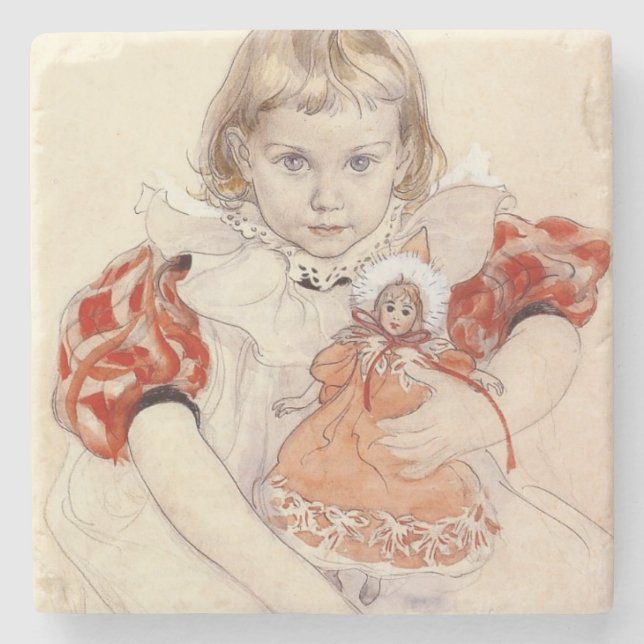 Posavasos De Piedra Joven Chica con muñeca (arte infantil) (Anverso)