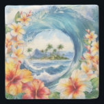 Posavasos De Piedra Kai Aloha Hibiscus Watercolor Wave<br><div class="desc">Crashing watercolor waves reveal a beautiful tropical island palm with palm trees surrounded by hibiscus and plumeria flowers. There are several versions of this design. This pattern reverses to another view of the island.</div>