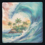 Posavasos De Piedra Kai Aloha Motu Watercolor Wave<br><div class="desc">Crashing watercolor waves reveal a beautiful tropical island palm with palm trees. There are several versions of this design.</div>