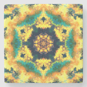 Posavasos De Piedra Kaleidoscopio psicodélico amarillo azul y verde