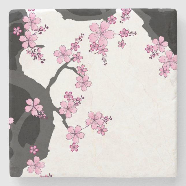 Posavasos De Piedra Kimono japonés Sakura negro y rosa blanco (Anverso)