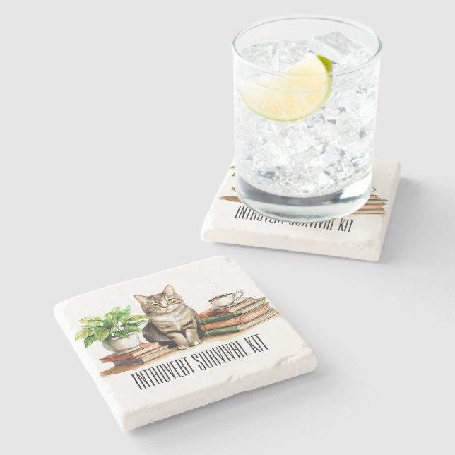 Posavasos De Piedra Kit de supervivencia de introvertido (Gato, planta (Lateral)