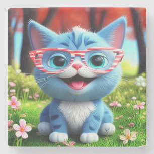 Posavasos De Piedra Kitten azul lindo sonriente-55665