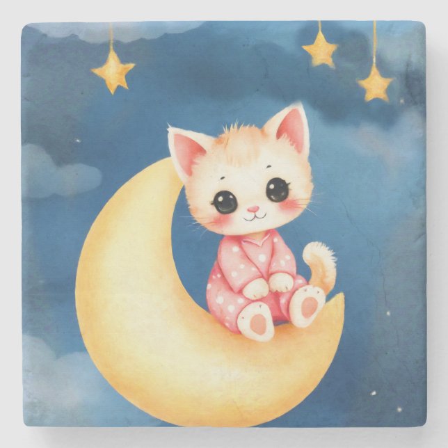 Posavasos De Piedra Kitten Sitting on the Moon (Anverso)